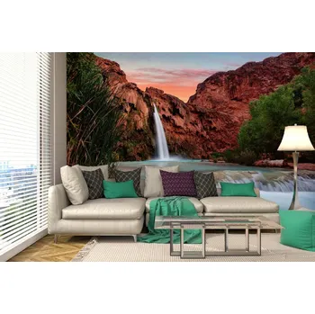 Fototapeta DIMEX | Samolepicí vliesová fototapeta na zeď Překrásný vodopád MA-5-3032 | 375 x 250 cm | zelená, modrá, oranžová, hnědá + Samolepicí vliesová fototapeta na stěnu DIMEX Překrásný vodopád MA53032 v rozměru 375 x 250 cm