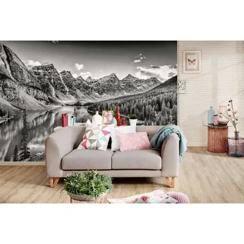 Fototapeta DIMEX | Samolepicí vliesová fototapeta na zeď Jezero Rocky Mountains MA-5-3064 | 375 x 250 cm | bílá, černá + Samolepicí vliesová fototapeta na stěnu DIMEX Jezero Rocky Mountains MA53064 v rozměru 375 x 250 cm