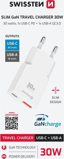 Swissten tenký síťový adaptér gan usb-c + usb-a 30w bílý 22070201