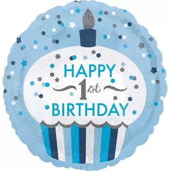 Foliový balonek Happy 1st birthday holografický modrý 43 cm