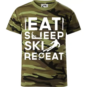Eat sleep ski repeat - Dětské maskáčové triko - 134 cm/8 let ( Zelený maskáč )