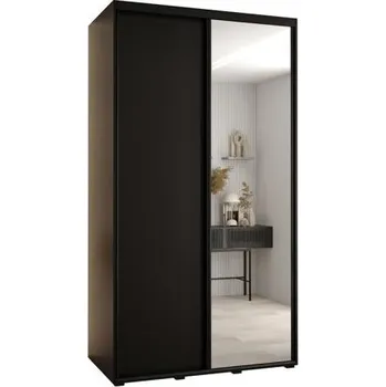 Šatní skříň Šatní skříň s posuvnými dveřmi a zrcadlem DAVOS 140cm | Černá / černé pojezdy