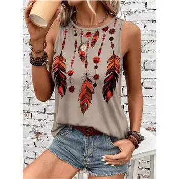 Dámské ležérní tílko v boho-ethno stylu (potisk pírka) Barva: khaki (A47KZZP0819115077), Velikost: L