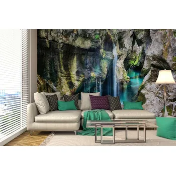 Fototapeta DIMEX | Samolepicí vliesová fototapeta na zeď Vodopád ve Slovinsku MA-5-3167 | 375 x 250 cm | zelená, modrá, šedá + Samolepicí vliesová fototapeta na stěnu DIMEX Vodopád ve Slovinsku MA53167 v rozměru 375 x 250 cm