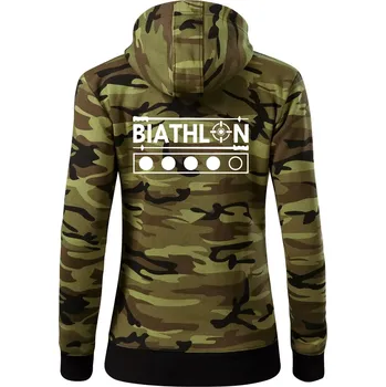 Dámská mikina Biathlon terč a hůlky - Dámská mikina trendy zipper s kapucí - 2XL ( Zelený maskáč )