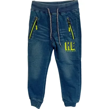 Chlapecké kalhoty Dětské kalhoty KUGO riflový vzhled FK0280 modré se zelenými prvky vel.116,122