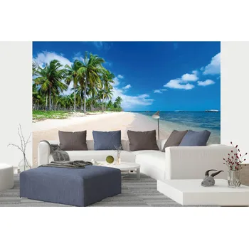 Fototapeta DIMEX | Samolepicí vliesová fototapeta na zeď Vysoké palmy na pláži MA-5-3235 | 375 x 250 cm | zelená, modrá, žlutá + Samolepicí vliesová fototapeta na stěnu DIMEX Vysoké palmy na pláži MA53235 v rozměru 375 x 250 cm