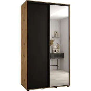 Šatní skříň Šatní skříň s posuvnými dveřmi a zrcadlem DAVOS 140cm |DUB Artisan / černá / černé pojezdy