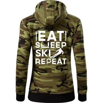 Dámská mikina Eat sleep ski repeat - Dámská mikina trendy zipper s kapucí - L ( Zelený maskáč )