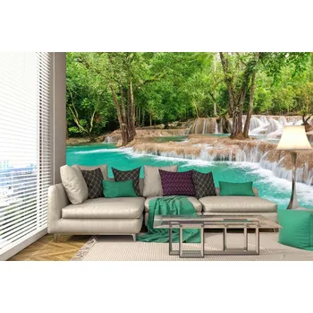 Fototapeta DIMEX | Samolepicí vliesová fototapeta na zeď Kaskádový vodopád MA-5-3191 | 375 x 250 cm | zelená, bílá, hnědá + Samolepicí vliesová fototapeta na stěnu DIMEX Kaskádový vodopád MA53191 v rozměru 375 x 250 cm