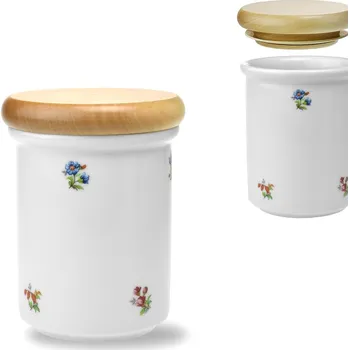 Dóza na potraviny Dekorace porcelánu Atelier Pešatová Dóza B střední se dřevěným víčkem - chodovská házenka - ø 8,2 x 11 cm