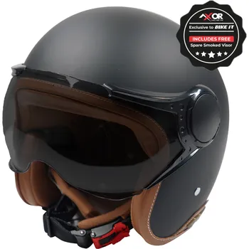 Helma na motorku Axor otevřená přilba Retro s kůží- černá mat/ hnědá - XXL AXR044