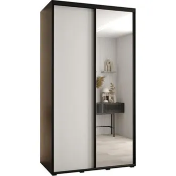 Šatní skříň Šatní skříň s posuvnými dveřmi a zrcadlem DAVOS 140cm | Černá / bílá / černé pojezdy