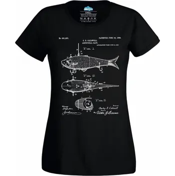 Dámské tričko Umělá návnada na ryby Patent C. D. Caldwella (Skladem XS-4XL) (Velikost: 4XL, Barva: Černá)