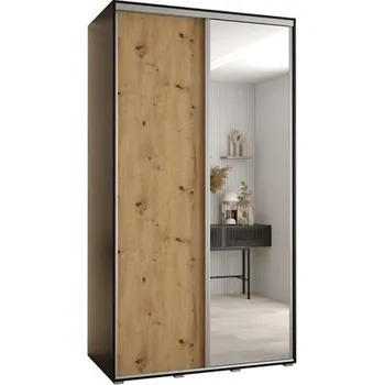 Šatní skříň Šatní skříň s posuvnými dveřmi a zrcadlem DAVOS 140cm | Černá / DUB Artisan / stříbrné