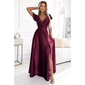 Dámské šaty 411-10 CRYSTAL saténové dlouhé šaty s výstřihem - bordó XXL