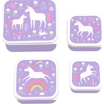 Svačinový box A Little Lovely Company - sada čtyř krabiček na svačinu - jednorožci a duha