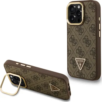 Telefonní příslušenství Guess PU 4G Strass Triangle Logo Stand Camera Frame MagSafe Zadní Kryt pro iPhone 16 Pro Max Barva: Hnědá