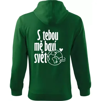 Pánská mikina S tebou mě baví svět - Mikina s kapucí na zip trendy zipper - S ( Lahvově zelená )