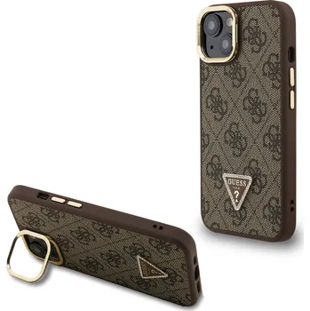 Pouzdro na mobilní telefon Guess PU 4G Strass Triangle Logo Stand Camera Frame MagSafe Zadní Kryt pro iPhone 15 Barva: Hnědá