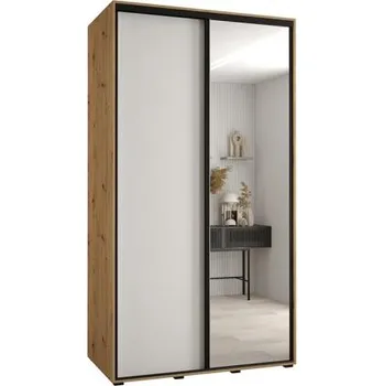Šatní skříň Šatní skříň s posuvnými dveřmi a zrcadlem DAVOS 140cm | DUB Artisan / bílá / černé pojezdy