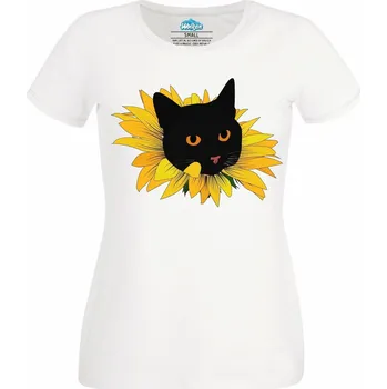 Dámské tričko Černá Kočka v květu Slunečnice (Velikost: 4XL, Barva: Bílá)