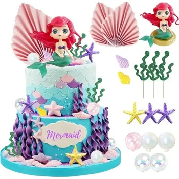 Sada 19 dekorací na dort Mořská panna s červenými vlasy Hvězdice Korály Perly Lastury Výzdoba na narozeniny z plastu