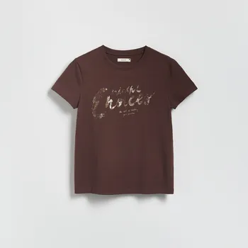 Dámské tričko Reserved - Tričko s&nbsp;lesklým potiskem - béžová - ZS476-08J - ZS476-08J-M