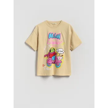 Dívčí tričko Reserved - Bavlněné tričko s potiskem - béžová - 522FT-08X - 522FT-08X-152