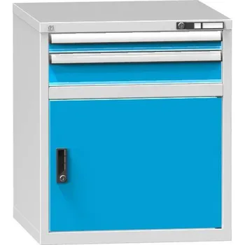Dílenská skříňka KOMBI, v x š x h: 840 x 731 x 780 mm, 1 x dvířka, 2 x zásuvka, barva šedá RAL7035/modrá RAL5012