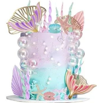 Sada 29 dekorací na dort Mořský svět Ocas mořské panny Hvězdice Perly Listy Happy Birthday Barevná výzdoba narozenin