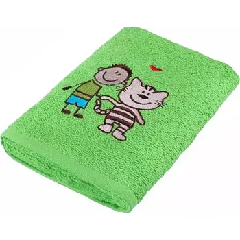 Dětský Froté ručník - kluk s kočkou - zelená - 30x50