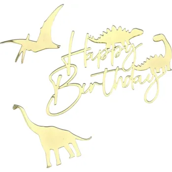 Zlatý dortový nápis s dinosaury 10,5 cm Dekorace na dort Narozeninová ozdoba Dinosauři Dětská párty Tematická oslava