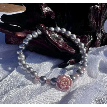 Náramek Alada beauty Perličkový náramek stříbrný se světle růžovou růžičkou