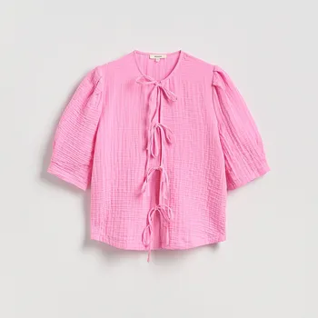 Dámské tričko Reserved - Halenka s ozdobným vázáním - růžová - 338HZ-30X - 338HZ-30X-XS