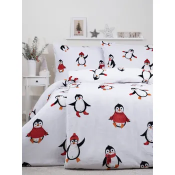 Bytový textil MKLuzkoviny.cz Prodloužené povlečení mikroplyš Exclusive – Tučňáci bílé 140 x 200, 70 x 90 cm nitěné knoflíky