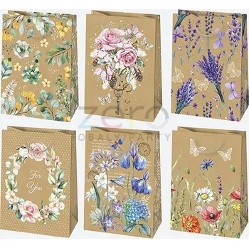 Dárková taška Taška papírová dárková 23x32x11 cm (eko) - přírodní s kytkami (mix 3)