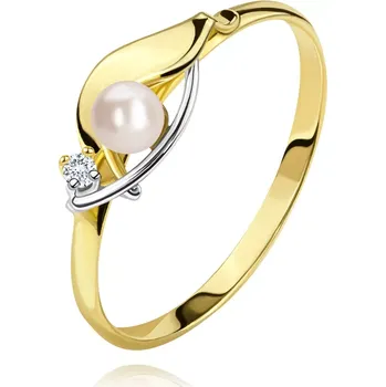 Prsten Diamantový prsten ze 14K zlata, dvoubarevné vlnky, čirý briliant a bílá perla - Velikost: 56