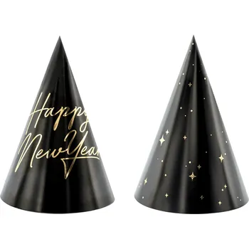 Party dekorace Papírové párty čepičky černé s nápisem Happy New Year, 16 cm, 6 ks