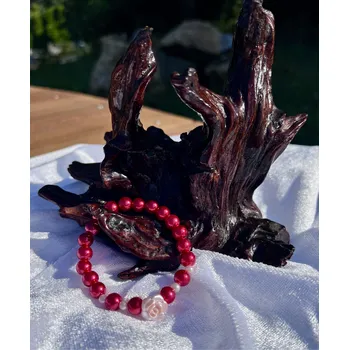 Náramek Alada beauty Perličkový náramek červený se světle růžovou růžičkou