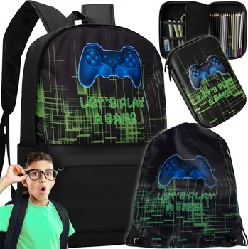 Školní batoh Školní Batoh pro mládež + taška + herní penál pro hráče, černý