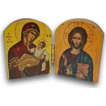 Dřevěný řecký diptych – Kristus Pantokrator a Panna Maria „Velké Milosti“ (Panagia Megalócharis)