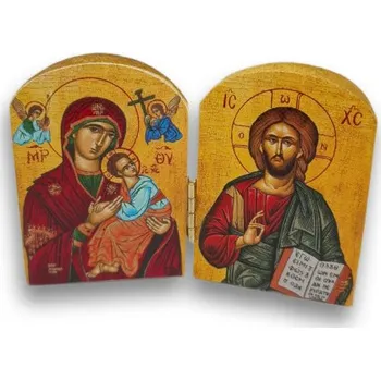 Dřevěná hračka „Naděje v čase bolesti“ – Dřevěný diptych s Pannou Marií Ustavičné pomoci a Kristem Pantokratorem