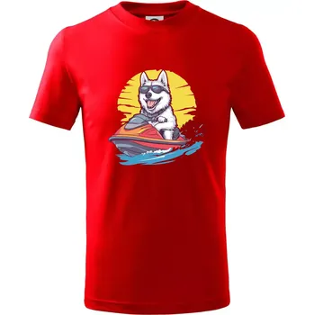 Husky na vodním skútru - Tričko dětské bavlněné - 98 cm / 2 roky ( Červená )