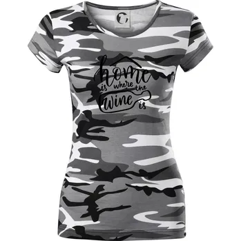 Dámské tričko Home is where wine is - Dámské maskáčové triko - XL ( Šedý maskáč )