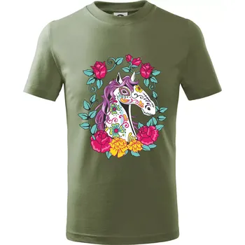 Kůň barevný s květinami - Tričko dětské bavlněné - 98 cm / 2 roky ( Khaki )