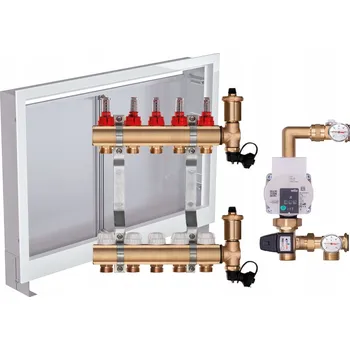 rozdělovač topení Mosazný rozdělovač pro podlahové topení 5 okruhů s ČERPADLEM WILO + PODOMÍTKOVÁ SKŘÍŇKA