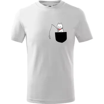 Kočka s rybou v kapse - Tričko dětské bavlněné - 98 cm / 2 roky ( Bílá )