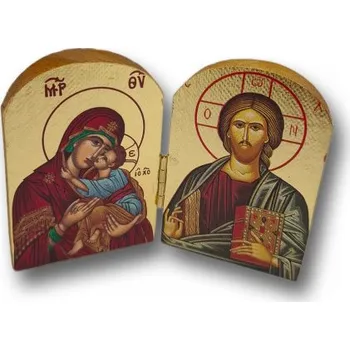 Dřevěná hračka „Tvář něžné lásky“ – Dřevěný diptych s Kristem Pantokratorem a Pannou Marií Glykofilousa