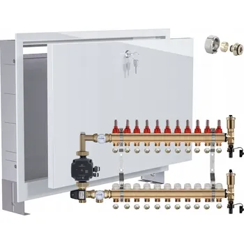 rozdělovač topení Rozdělovač pro podlahové topení 11 okruhů s GRUPOU GRUNDFOS + PEX trubky + PODOMÍTKOVÁ SKŘÍŇ